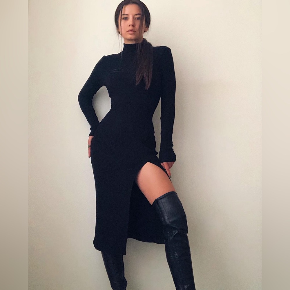Women Bodycon Dress Long Sleeve Mock Neck Slit Thigh